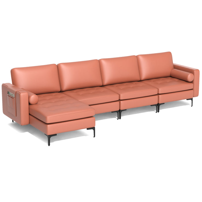 Modular L-shaped Sectional Sofa with Reversible Chaise and 2 USB Ports-Pink