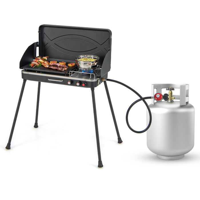 2-in-1 Gas Camping Grill and Stove with Detachable Legs-Black