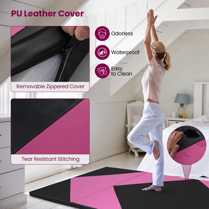 4-Panel PU Leather Folding Exercise Gym Mat with Hook and Loop Fasteners-Black & Pink