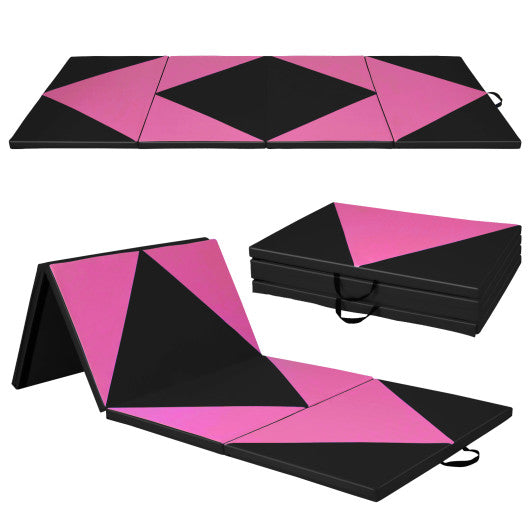 4-Panel PU Leather Folding Exercise Gym Mat with Hook and Loop Fasteners-Black & Pink