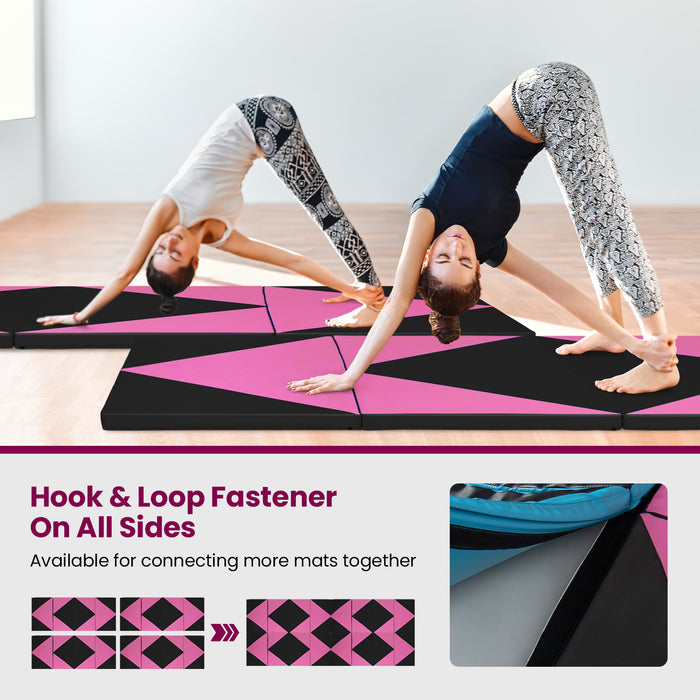 4-Panel PU Leather Folding Exercise Gym Mat with Hook and Loop Fasteners-Black & Pink