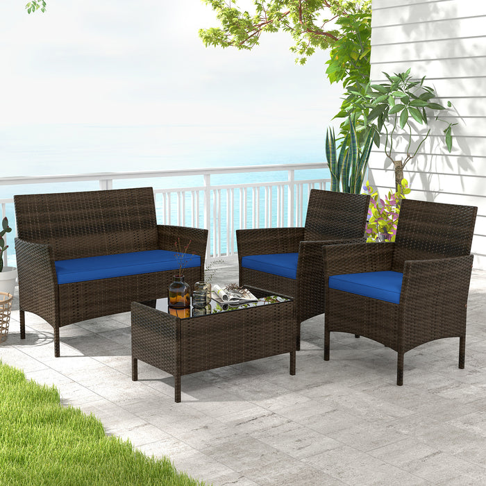 4 Piece Patio Rattan Conversation Set with Cozy Seat Cushions-Navy