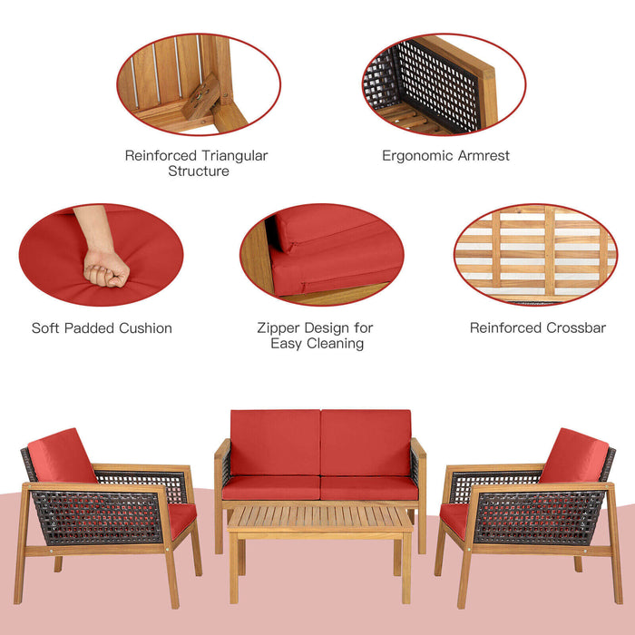 4 Pieces Patio Rattan Furniture Set with Removable Cushions-Red