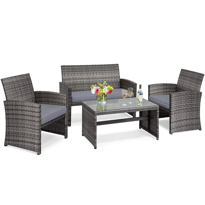 4 Pieces Patio Rattan Furniture Set with Glass Table and Loveseat-Gray