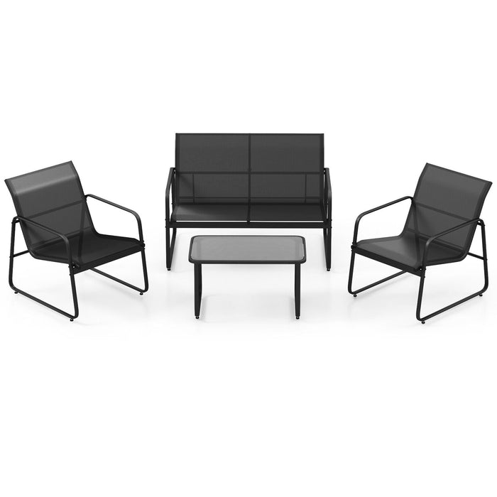 4 Pieces Outdoor Conversation Set with Tempered Glass Coffee Table-Black