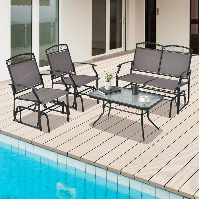 4 Piece Patio Glider Conversation Set with Tempered Glass Table Top-Brown