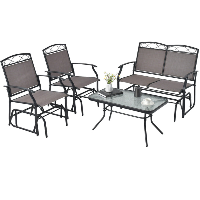 4 Piece Patio Glider Conversation Set with Tempered Glass Table Top-Brown