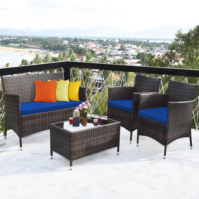 4 Pieces Rattan Sofa Set with Glass Table and Comfortable Wicker for Outdoor Patio-Navy