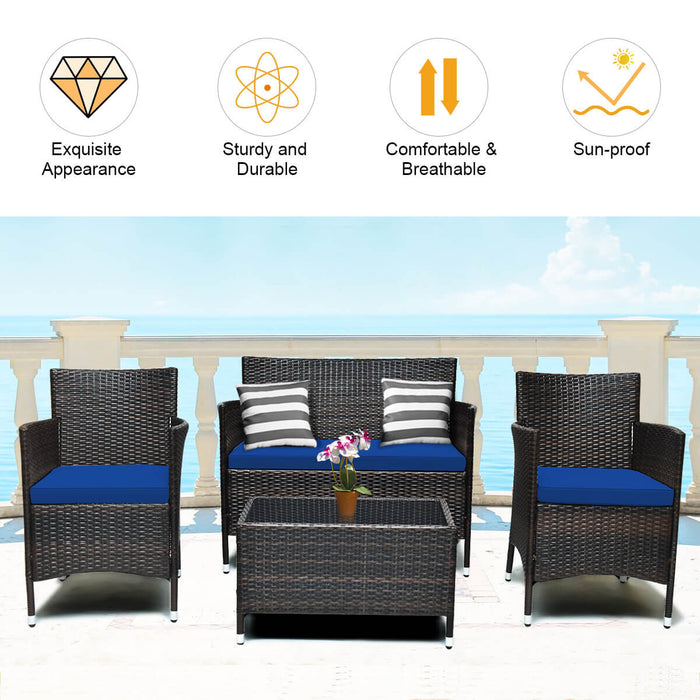 4 Pieces Rattan Sofa Set with Glass Table and Comfortable Wicker for Outdoor Patio-Navy