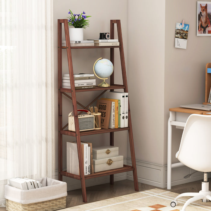 58 Inch 4-Tier Bamboo Ladder Bookshelf-Walnut