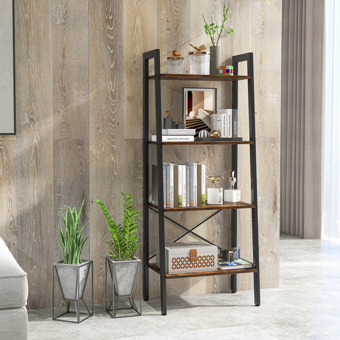 4-Tier Bookshelf with Metal Frame and Adjustable Foot Pads-Rustic Brown