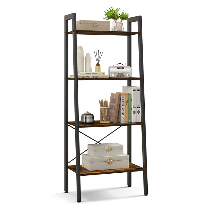 4-Tier Bookshelf with Metal Frame and Adjustable Foot Pads-Rustic Brown