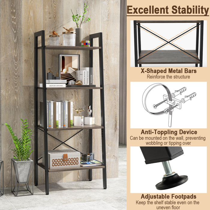 4-Tier Bookshelf with Metal Frame and Adjustable Foot Pads-Oak