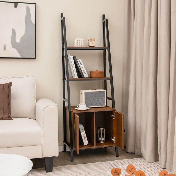 4-Tier Ladder Shelf with Cabinet and Metal Frame-Rustic Brown