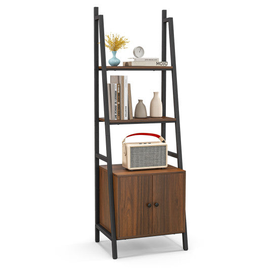 4-Tier Ladder Shelf with Cabinet and Metal Frame-Rustic Brown