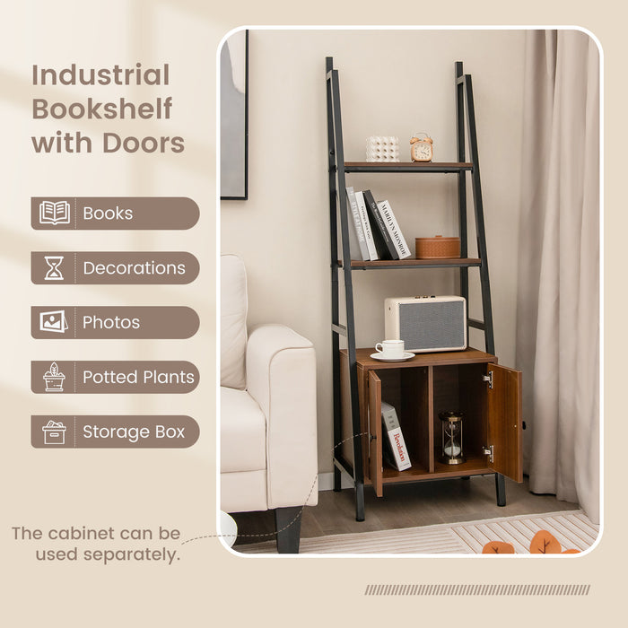 4-Tier Ladder Shelf with Cabinet and Metal Frame-Rustic Brown