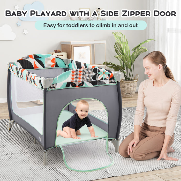 3-in-1 Portable Baby Playard with Zippered Door and Toy Bar-Blue