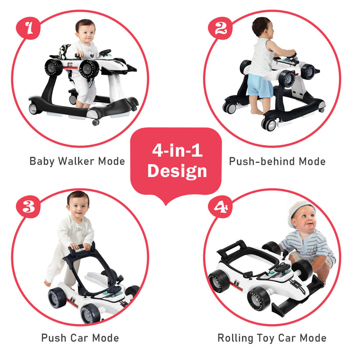 4-in-1 Foldable Activity Push Walker with Adjustable Height-White