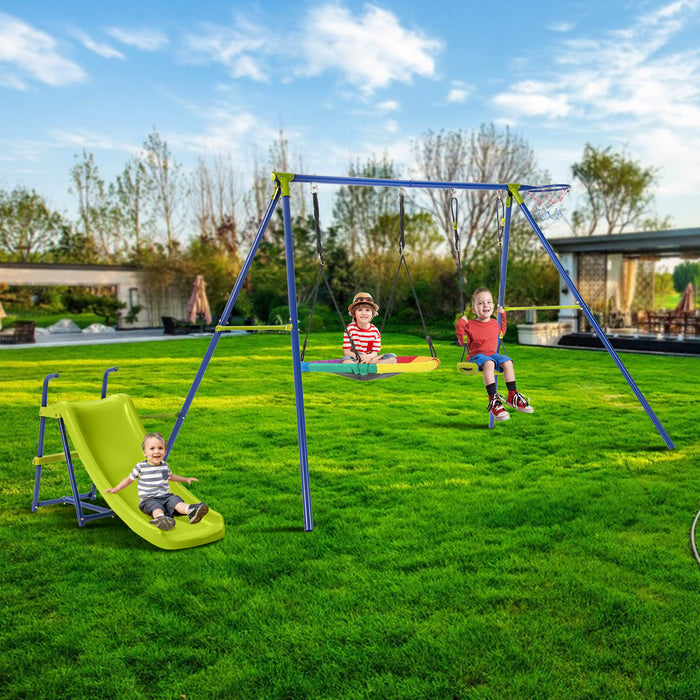 4-in-1 Heavy-Duty Metal Playset with Slide and Basketball Hoop