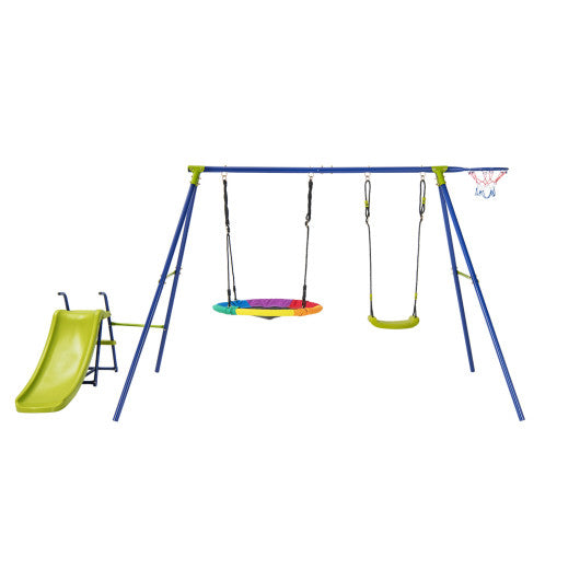 4-in-1 Heavy-Duty Metal Playset with Slide and Basketball Hoop