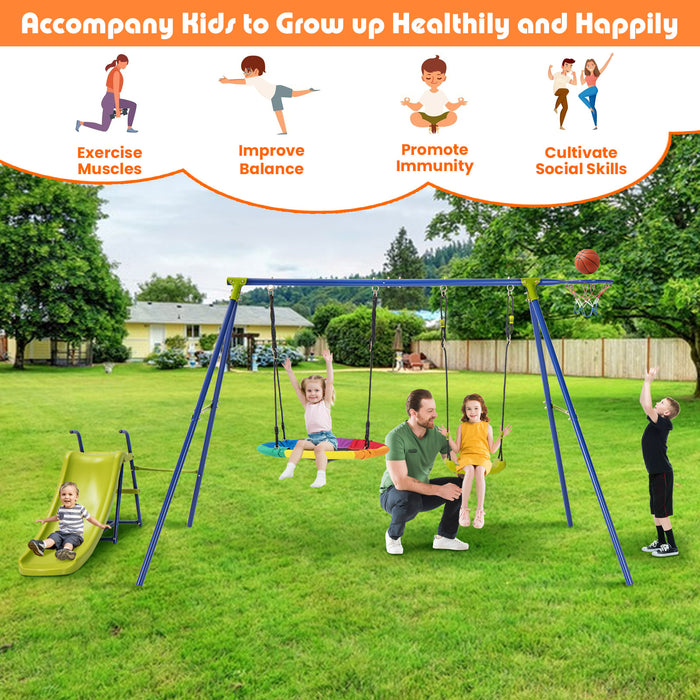 4-in-1 Heavy-Duty Metal Playset with Slide and Basketball Hoop