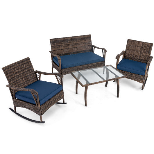 4 Pieces Wicker Rocking Set with Bungee Rope Seat for Porch Yard-Navy