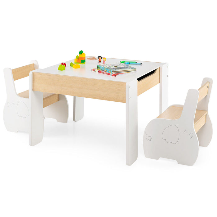 4-in-1 Wooden Activity Kids Table and Chairs with Storage and Detachable Blackboard-White