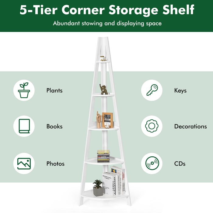 5-Tier Modern Corner Bookcase Shelf with Strong Wooden Frame-White