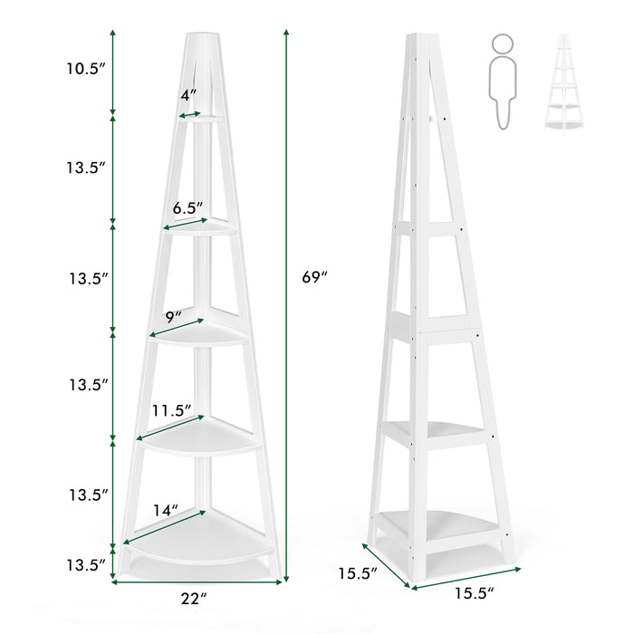 5-Tier Modern Corner Bookcase Shelf with Strong Wooden Frame-White