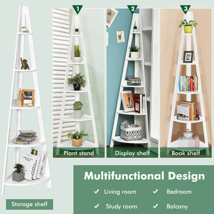 5-Tier Modern Corner Bookcase Shelf with Strong Wooden Frame-White