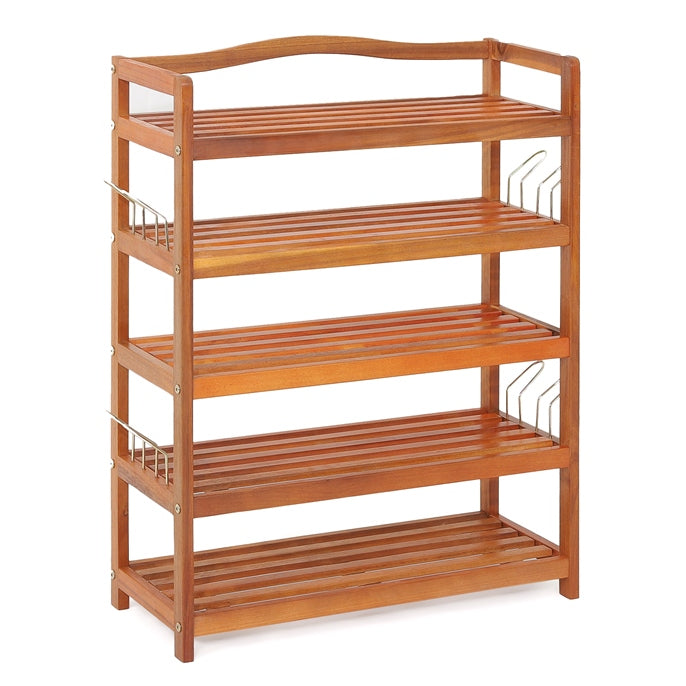 5-Tier Acacia Wood Shoe Rack with Side Metal Hooks