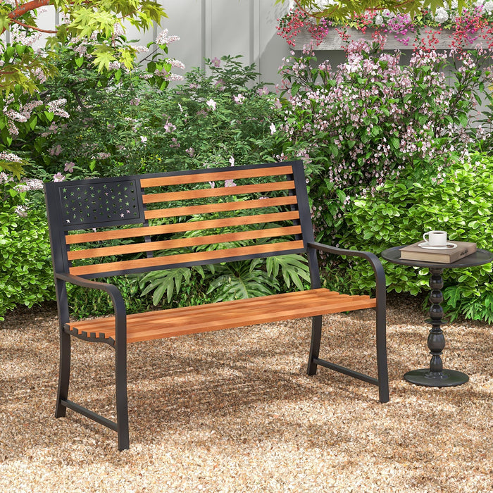 50 Inch Outdoor Garden Bench with Flag Pattern Backrest and Rustic Wood Grain Finish-Brown