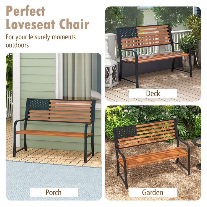 50 Inch Outdoor Garden Bench with Flag Pattern Backrest and Rustic Wood Grain Finish-Brown