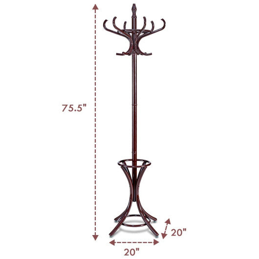 Wood Standing Hat Coat Rack with Umbrella Stand-Brown