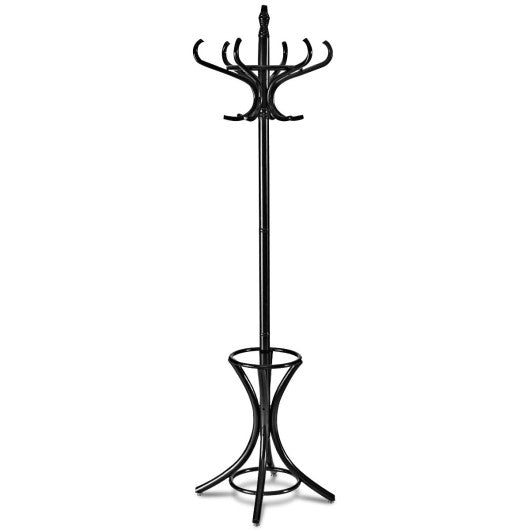 Wood Standing Hat Coat Rack with Umbrella Stand-Black