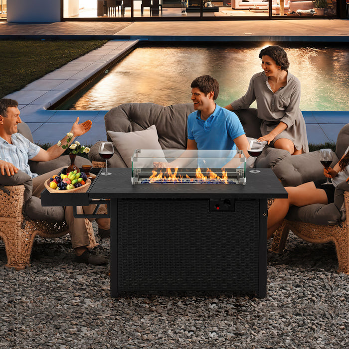 52 Inches Outdoor Wicker Gas Fire Pit Propane Fire Table with Cover-Black