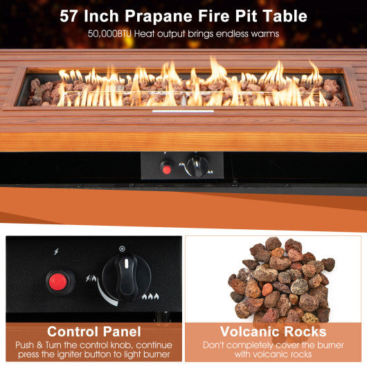 57 Inch 50 000 BTU Rectangular Propane Outdoor Fire Pit Table-Brown