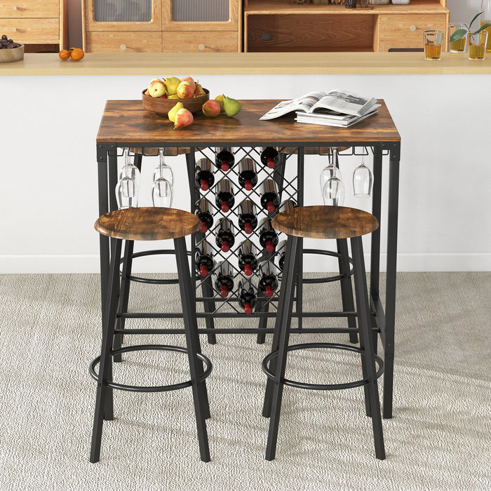 5 Pieces Bar Table and Stools Set with Wine Rack and Glass Holder-Rustic Brown