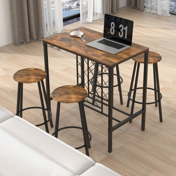 5 Pieces Bar Table and Stools Set with Wine Rack and Glass Holder-Rustic Brown