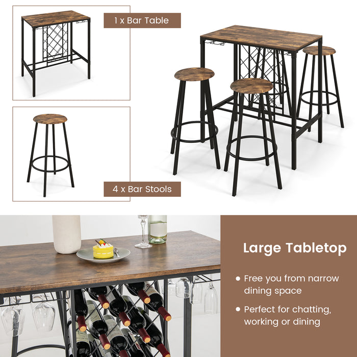 5 Pieces Bar Table and Stools Set with Wine Rack and Glass Holder-Rustic Brown