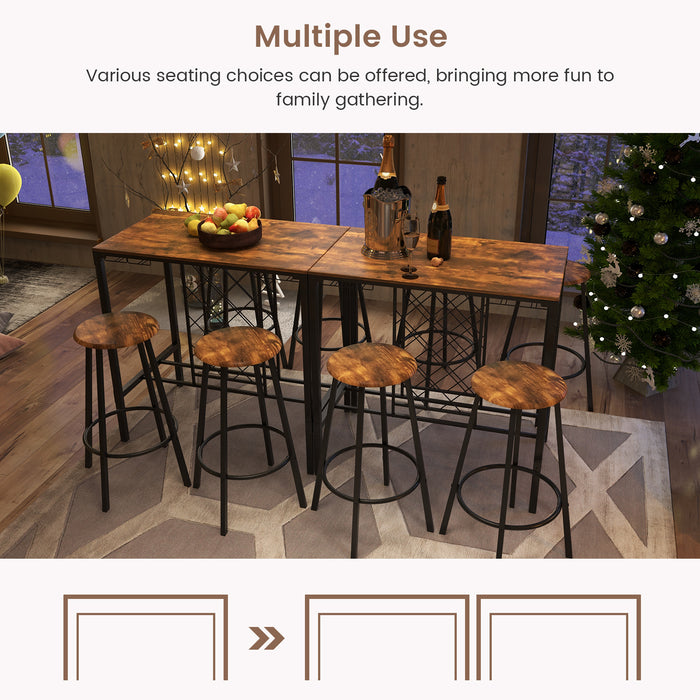 5 Pieces Bar Table and Stools Set with Wine Rack and Glass Holder-Rustic Brown