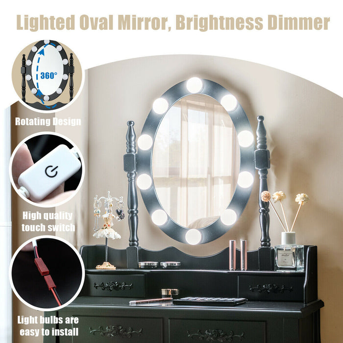 Makeup Dressing Table with Touch Switch Lighted Mirror and Cushioned Stool-Black