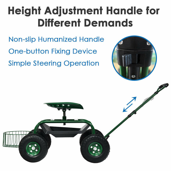 Heavy Duty Garden Cart with Tool Tray and 360 Swivel Seat