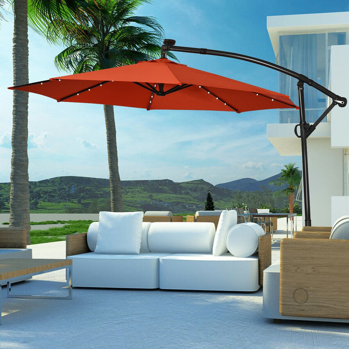 10 ft 360Â° Rotation Solar Powered LED Patio Offset Umbrella without Weight Base-Orange