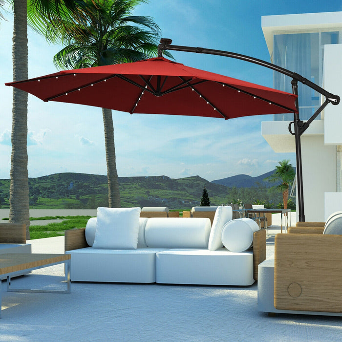 10 ft 360Â° Rotation Solar Powered LED Patio Offset Umbrella without Weight Base-Dark Red