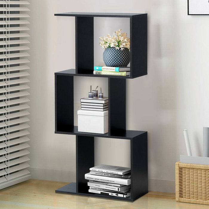 2/3/4 Tiers Wooden S-Shaped Bookcase for Living Room Bedroom Office-3-Tier