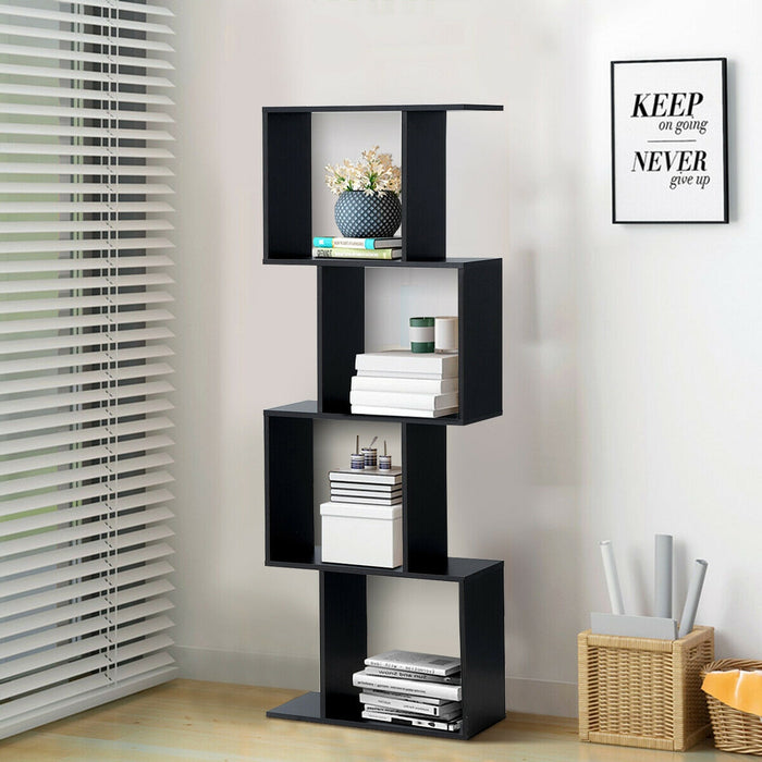 2/3/4 Tiers Wooden S-Shaped Bookcase for Living Room Bedroom Office-4-Tier