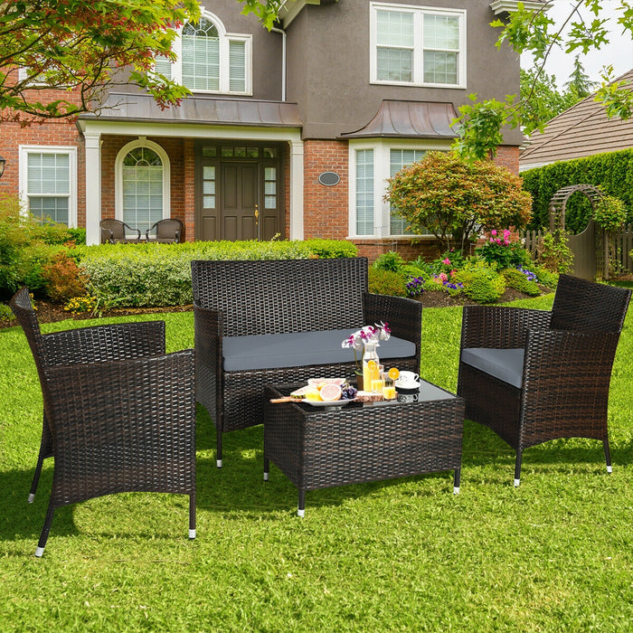 4 Pieces Comfortable Outdoor Rattan Sofa Set with Glass Coffee Table-Gray