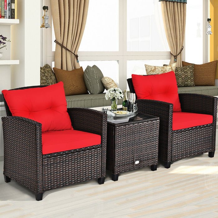 3 Pcs Patio Rattan Furniture Set Cushioned Conversation Set Coffee Table-Red