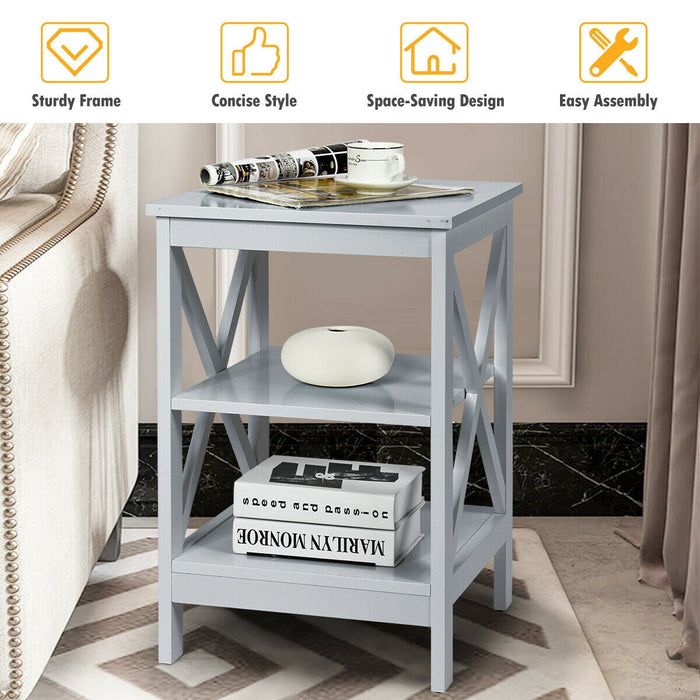 3-Tier Nightstand End Table with X Design Storage -Gray